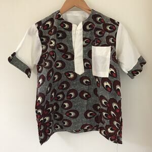 Handmade African Dutch Wax Feather Print Cotton Blouse Short Sleeve Shirt M 42"